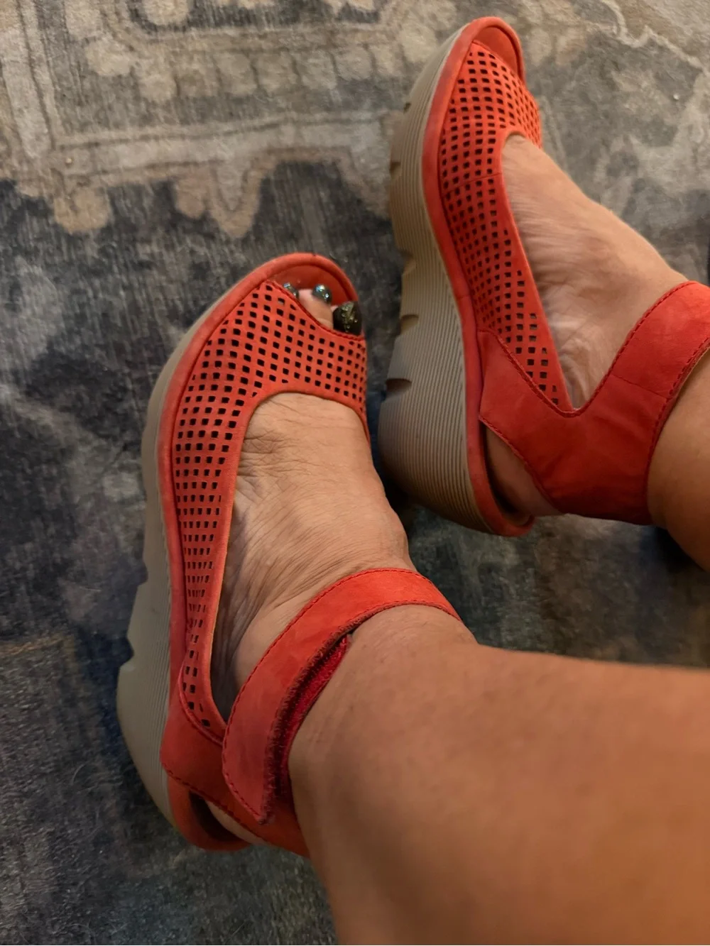 Clarks Orange/Red Suede Perforated Wedge Sandals Sz 8